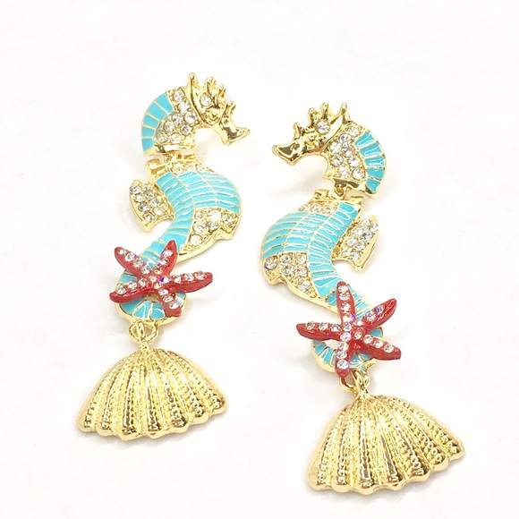 Jewelry - Enamel Seahorse Earrings with Rhinestones